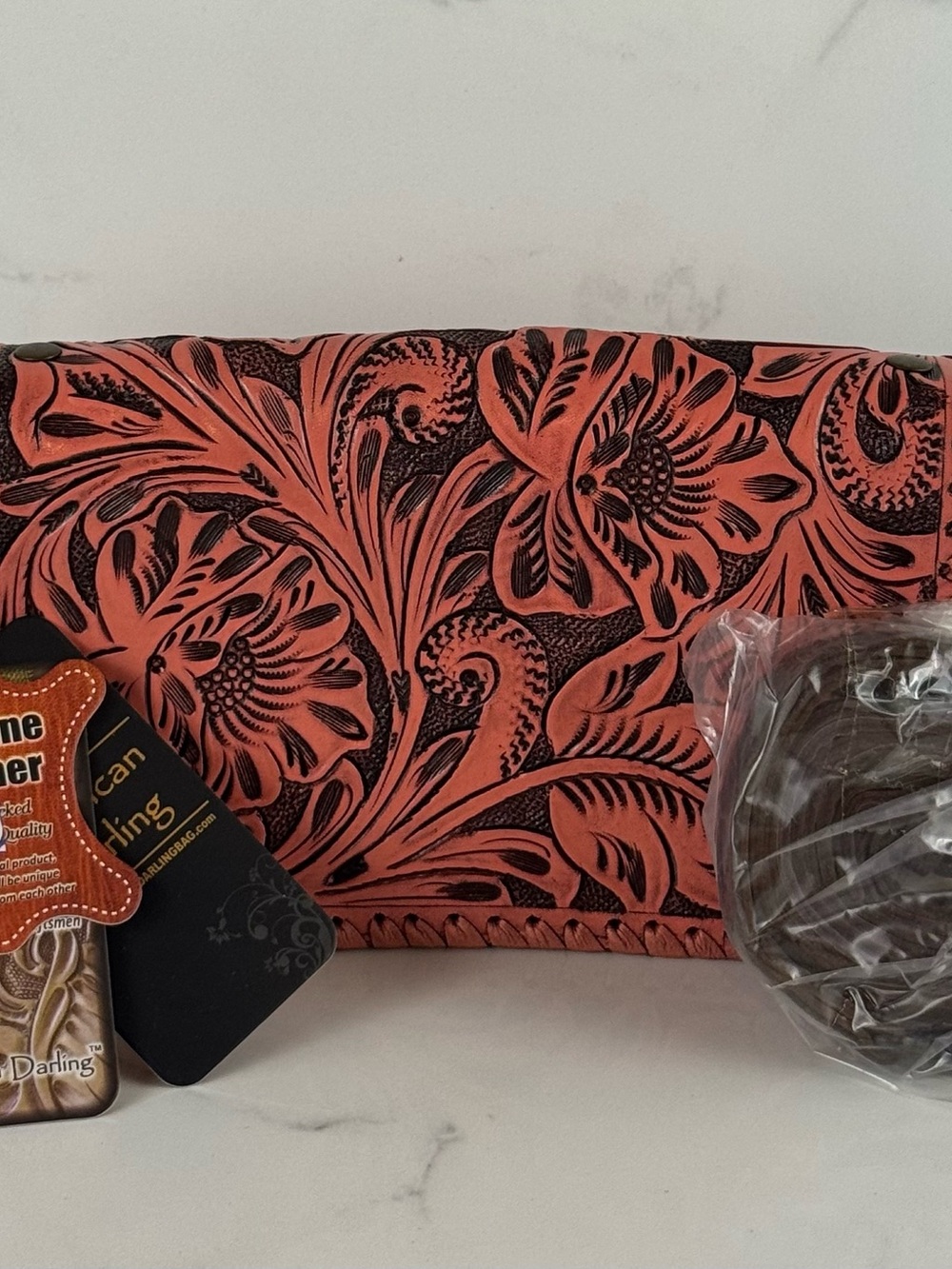 American Darling Tooled Floral Leather Wallet Clutch in Coral and Black